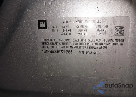 2016 Chevrolet Cruze Limited 1Lt Auto из США, поврежденный, VIN 1G1PE5SB7G7220936